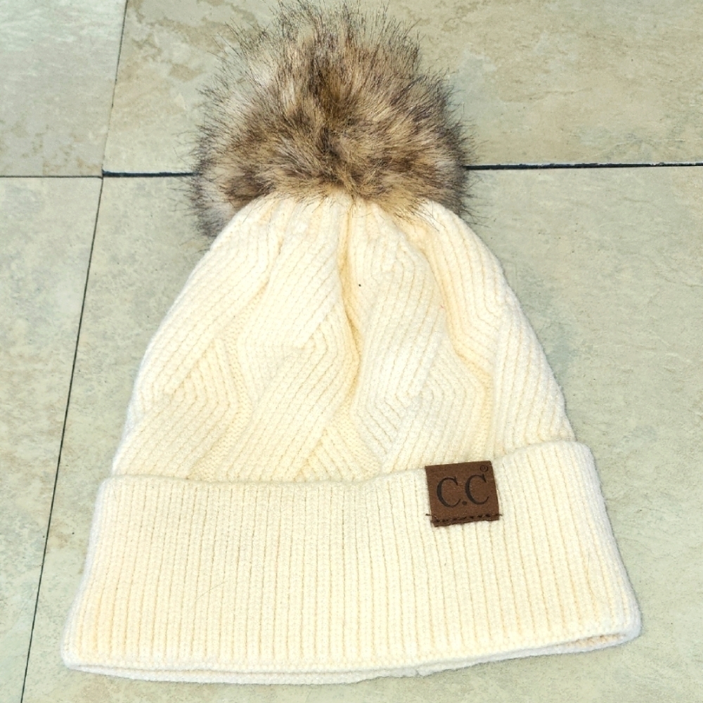 C.C Cream Knit Hat with Faux Fur Pom